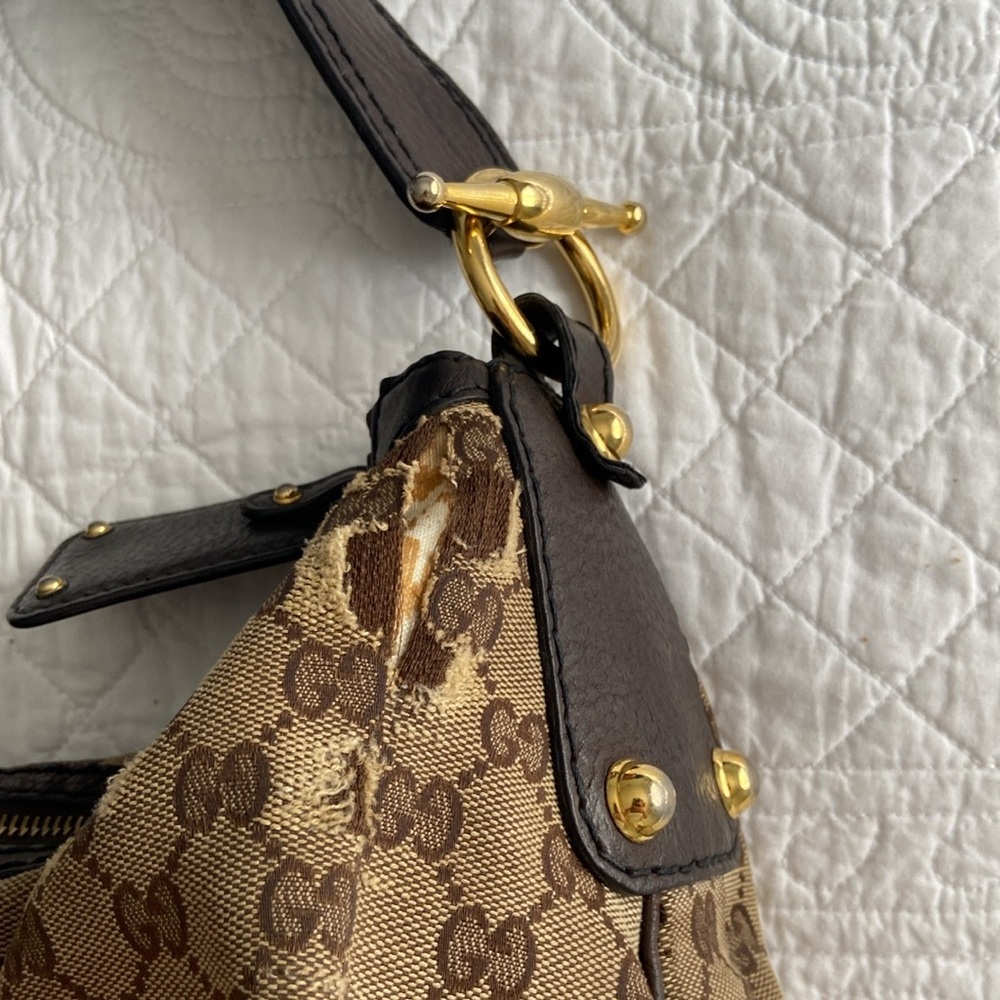 Gucci Jockey GG Monogram Canvas Brown Pebbled Leather Hobo Shoulder Bag - Picture 9 of 16